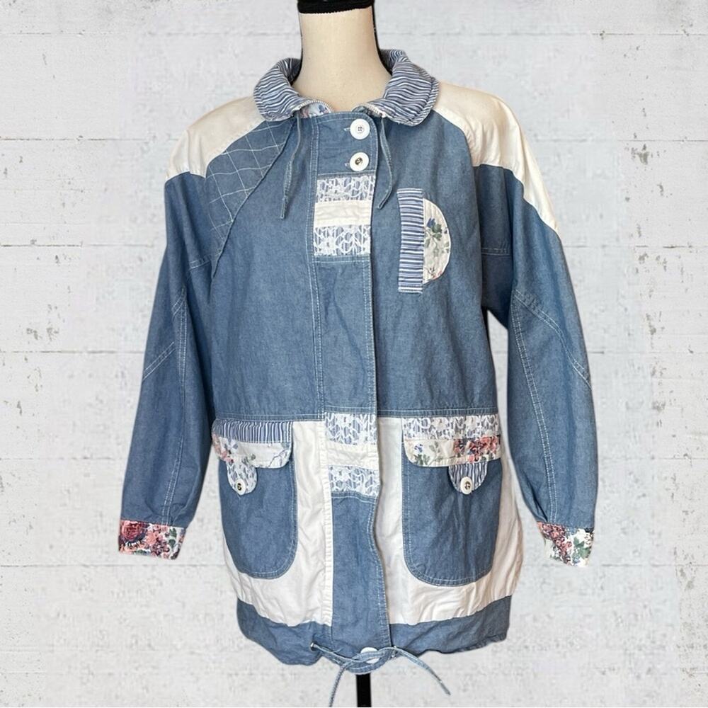 VTG Pao Originals Floral Chambray Patchwork Zip Jacket Size M Cottagecore - Picture 2 of 11